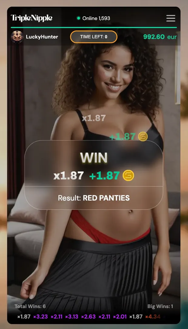 Écran de gain de Triple Nipple avec le bandeau d'historique des multiplicateurs