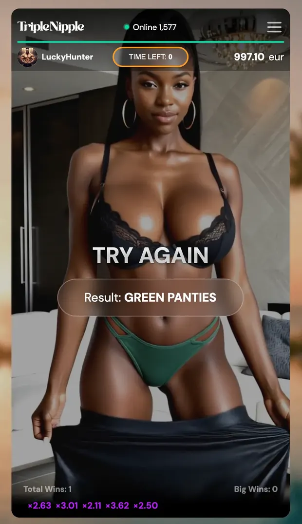 Écran de perte de Triple Nipple : bandeau TRY AGAIN et couleur gagnante révélée